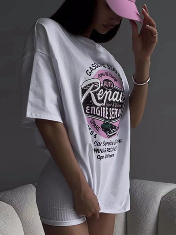 Back To School Sonicelife American Retro Vintage White Short-sleeved T-shirt Women's European And American High Street Loose Half-sleeved Spice Girl's Lower Body Missing Top