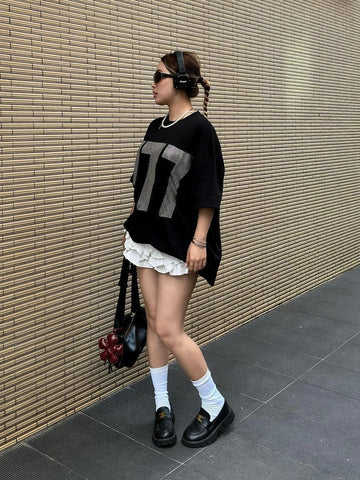 Back To School Sonicelife American Style Retro Cleanfit Digital Printing Pure Cotton Short-sleeved T-shirt Women's National Fashion Oversize Hot Girl Top Fashion