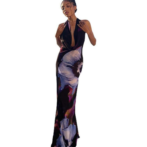 Sonicelife Women's Manufacturers 2024 New Digital Printing Sexy Hanging Collar Long Long Dress