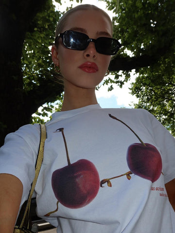 Back To School Sonicelife American Style Retro Fun Cherry Fruit Bikini Stereoscopic Printed Short-sleeved T-shirt Women's National Trendy Loose Hot Girl Top