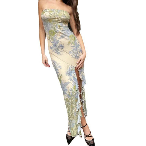 Sonicelife Summer 2024 New Style Elegant Style Mesh Printed Slim Fit Strapless Dress Women