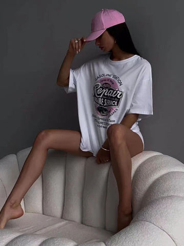 Back To School Sonicelife American Retro Vintage White Short-sleeved T-shirt Women's European And American High Street Loose Half-sleeved Spice Girl's Lower Body Missing Top