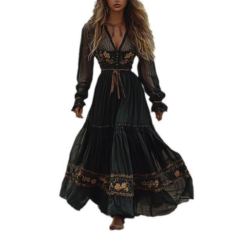 Sonicelife 2024 cybergoth dress to impress Women's Vintage Bohemian Dress Floral Print Pastoral V-neck Long Sleeve Dress