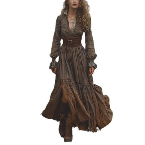 Sonicelife 2024 cybergoth dress to impress Elegant Long-sleeve Dress Retro V-neck Pastoral Style Dress Women's Dress