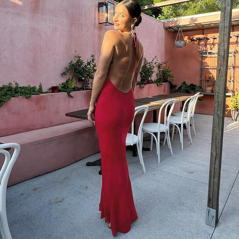 Sonicelife Women's Clothing 2024 Spring New Fashion Solid Color Hip Sexy Hollow Backless Neck Long Dress Women
