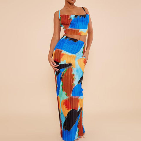 Sonicelife 2024 Printed Pleated Two-piece Sling Top Slim-fit Long Dress Women's Suit