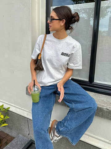 Back To School Sonicelife American Style Retro Grey Basic Letter Slogan Short-sleeved T-shirt Summer Women's National Fashion Oversize Hot Girl Top Fashion