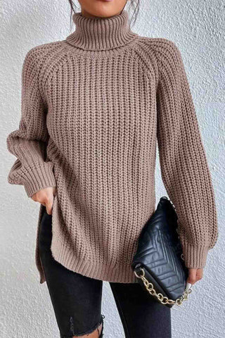 Sonicelife Raglan Sleeve Turtleneck Slit Mid-Length Sweater