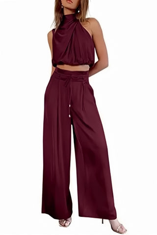 Sonicelife Satin Mock Neck Crop Top Pants Suits