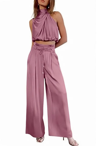 Sonicelife Satin Mock Neck Crop Top Pants Suits