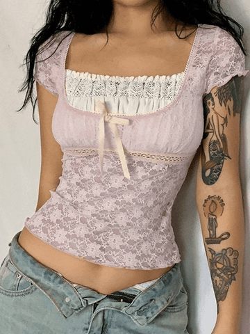 Sonicelife Lace Patchwork Crop Blouse