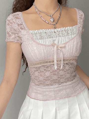 Sonicelife Lace Patchwork Crop Blouse