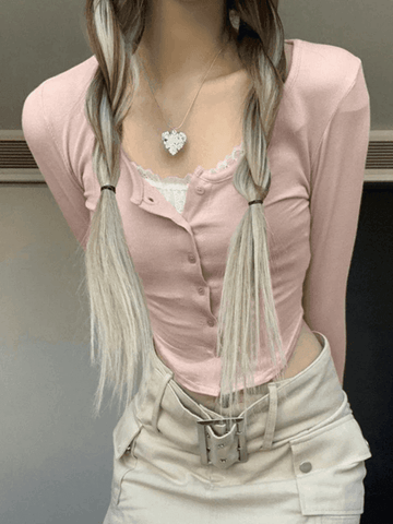 Sonicelife-Lace Patchwork Pink Knit Crop Top
