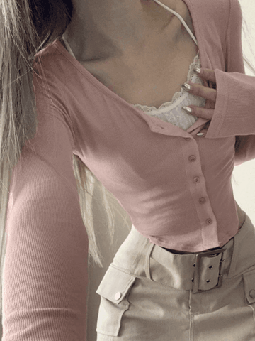 Sonicelife-Lace Patchwork Pink Knit Crop Top
