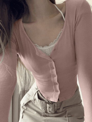 Sonicelife-Lace Patchwork Pink Knit Crop Top