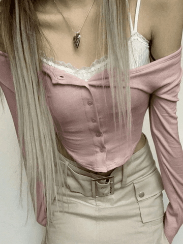 Sonicelife-Lace Patchwork Pink Knit Crop Top