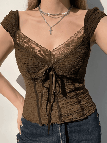 Sonicelife Lace Trim Crinkle Cropped Blouse