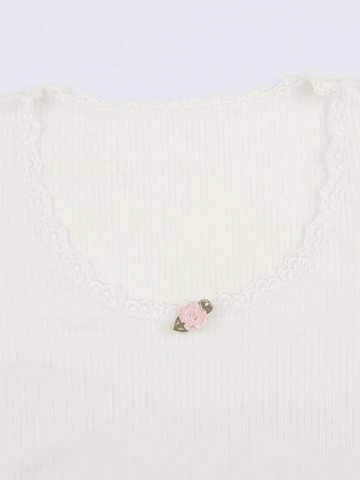 Sonicelife Lace Trim White Ribbed Knit Top