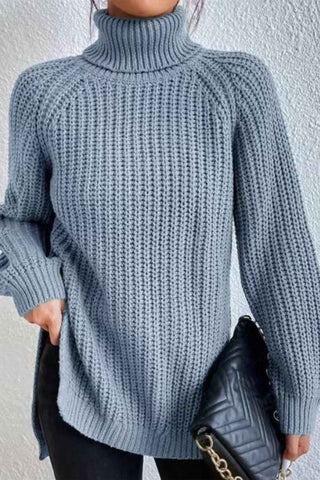 Sonicelife Raglan Sleeve Turtleneck Slit Mid-Length Sweater