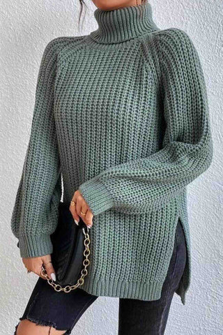 Sonicelife Raglan Sleeve Turtleneck Slit Mid-Length Sweater