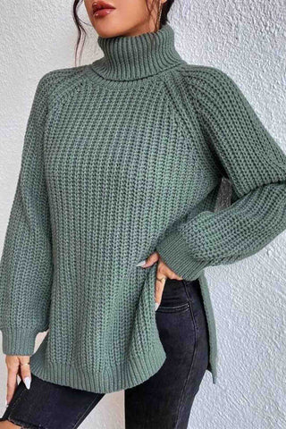 Sonicelife Raglan Sleeve Turtleneck Slit Mid-Length Sweater