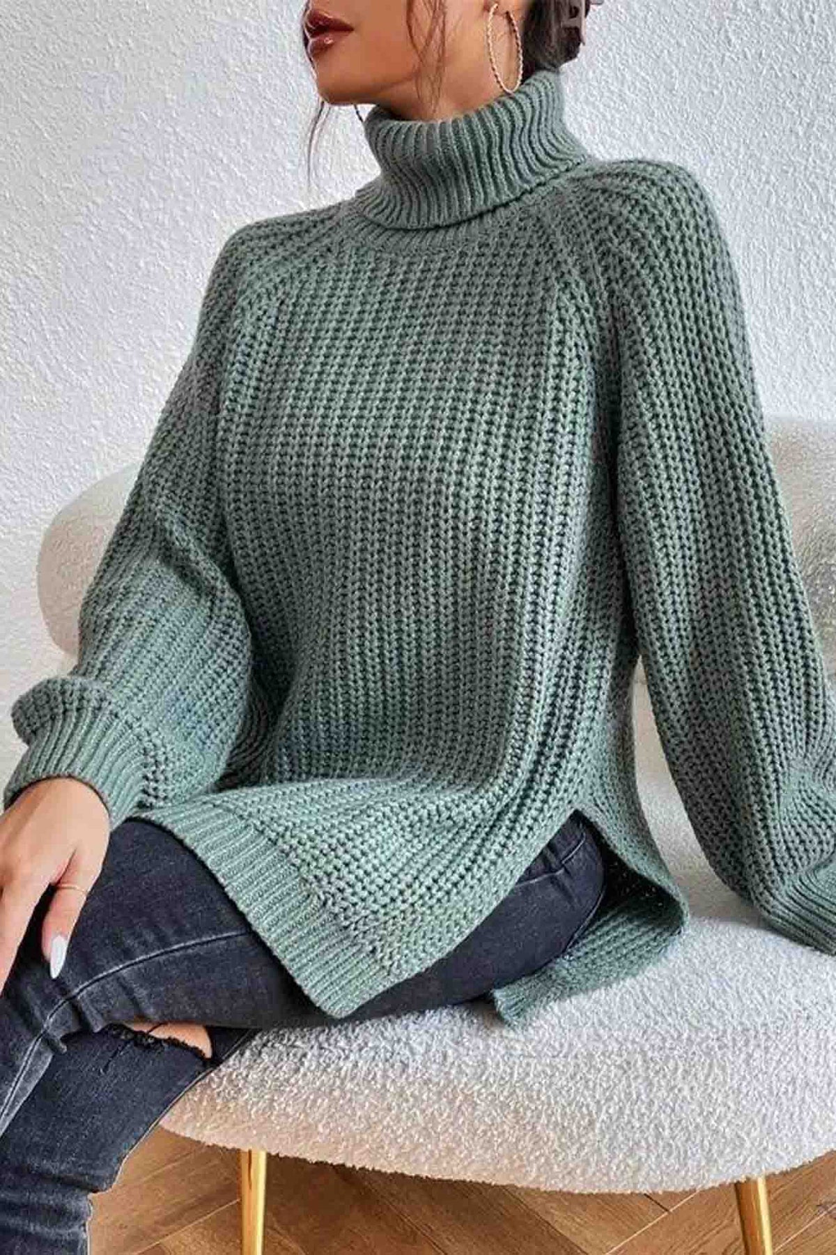 Sonicelife Raglan Sleeve Turtleneck Slit Mid-Length Sweater