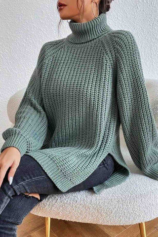 Sonicelife Raglan Sleeve Turtleneck Slit Mid-Length Sweater