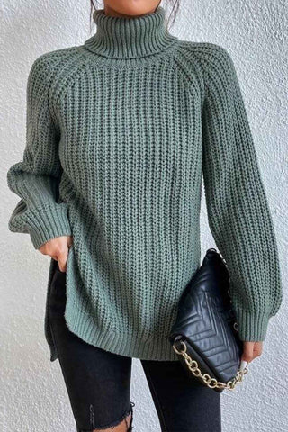 Sonicelife Raglan Sleeve Turtleneck Slit Mid-Length Sweater