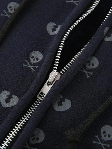 Back To School Sonicelife Lined Detail Skull Heart Zip Up Hoodie