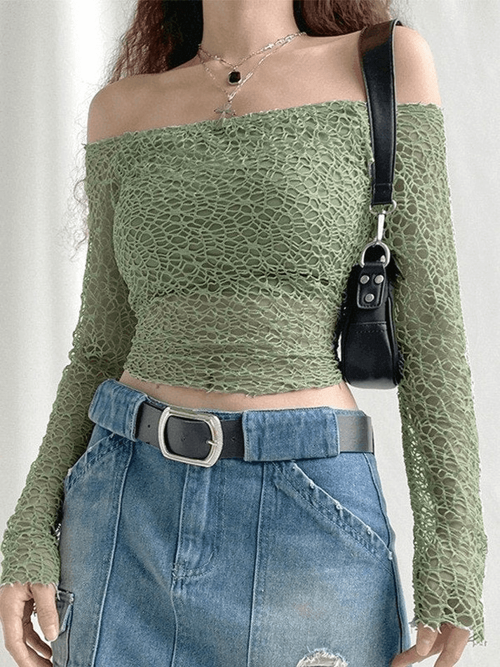 Sonicelife Off Shoulder Mesh Long Sleeve Blouse