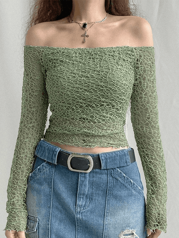 Sonicelife Off Shoulder Mesh Long Sleeve Blouse