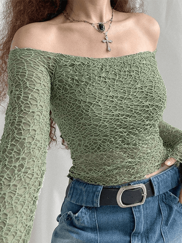 Sonicelife Off Shoulder Mesh Long Sleeve Blouse