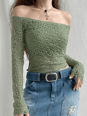 Sonicelife Off Shoulder Mesh Long Sleeve Blouse