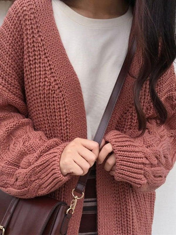 Back To School Sonicelife Open Front Cable Knit Cardigan