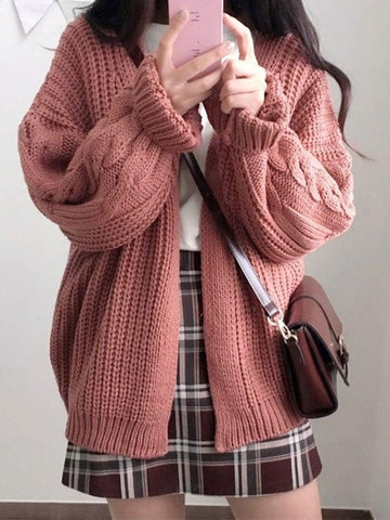 Back To School Sonicelife Open Front Cable Knit Cardigan