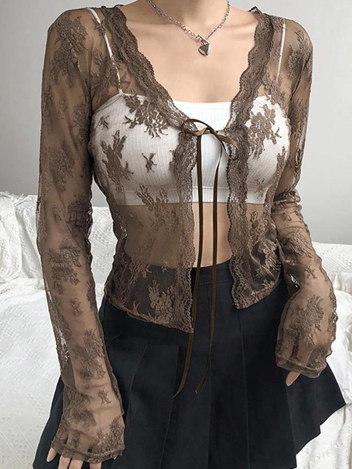 Sonicelife Open Front Lace Long Sleeve Crop Blouse