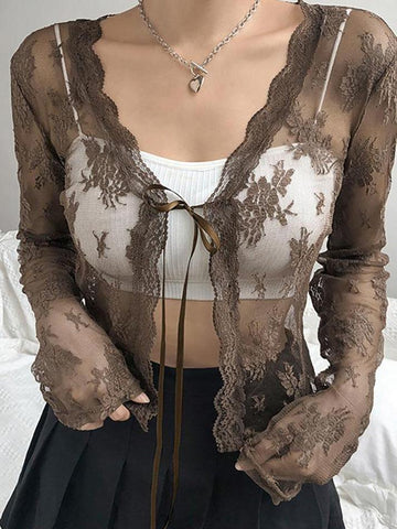 Sonicelife Open Front Lace Long Sleeve Crop Blouse