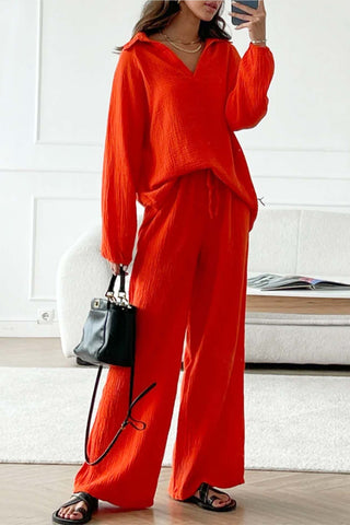 Sonicelife-Lapel Drawstring Wide Leg Pants Two-piece Set