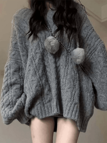 Back To School Sonicelife Oversize V Neck Gray Cable Knit Sweater