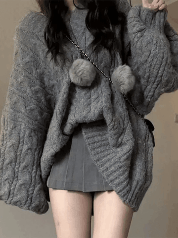 Back To School Sonicelife Oversize V Neck Gray Cable Knit Sweater