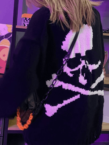 Back To School Sonicelife Oversized Distressed Skull Sweater