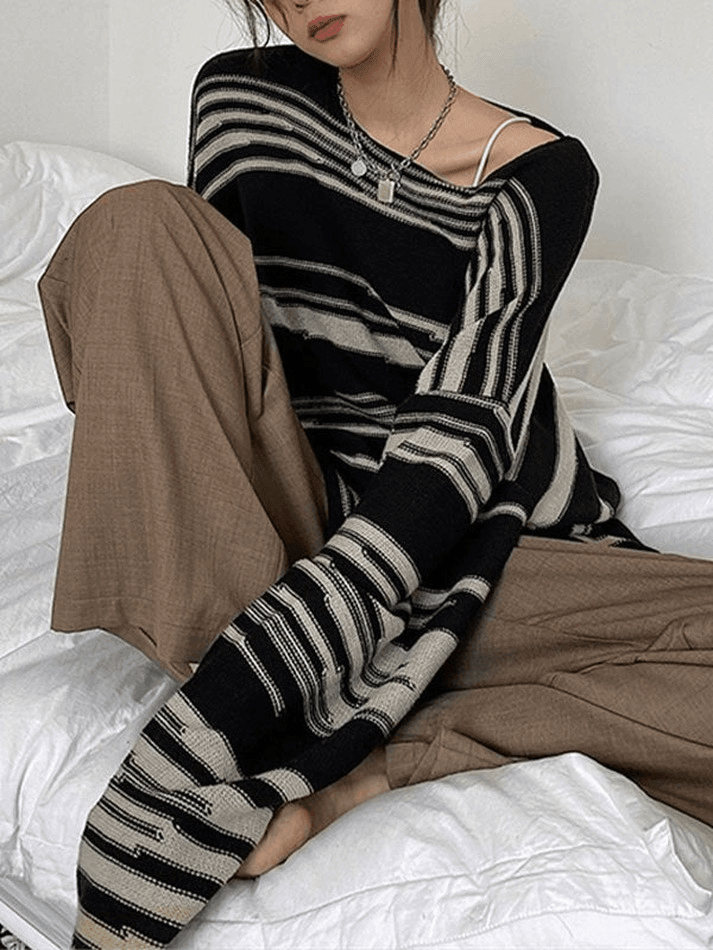 Back To School Sonicelife Oversized Stripe Jumper Knit Sweater