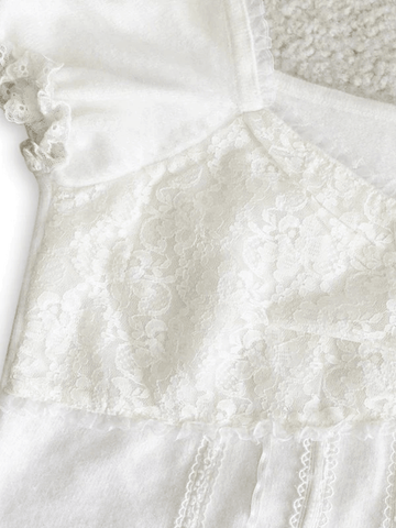 Sonicelife Paneled Lace White Puff Sleeve Blouse