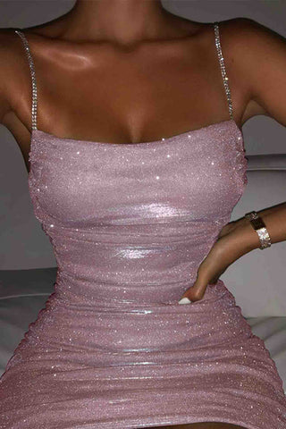 Sonicelife hoco dresses Rhinestone Ruched Chain Cami Dress