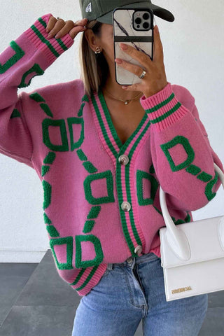 Sonicelife Contrast Letter Long Sleeve Knitted Cardigan