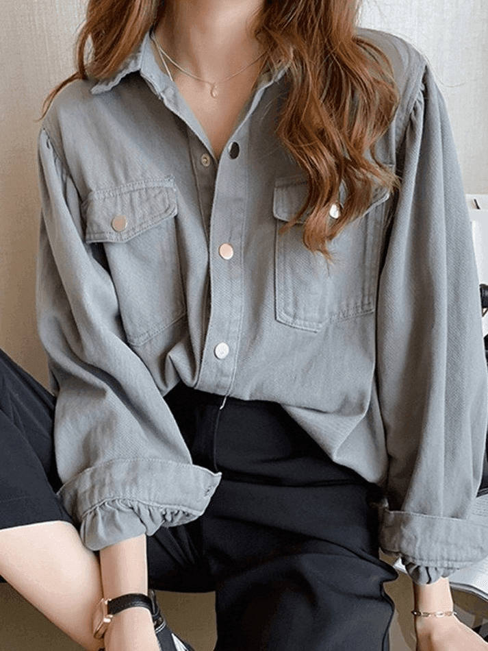 Sonicelife Pleated Oversized Long Sleeve Blouse