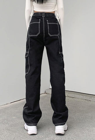 Sonicelife Pocket Stitched High Waist Cargo Jeans