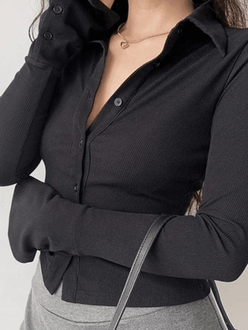 Sonicelife Polo Neck Long Sleeve Rib Blouse