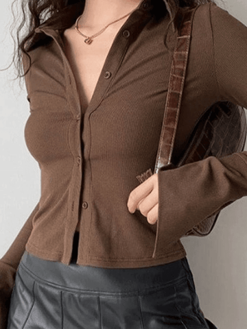 Sonicelife Polo Neck Long Sleeve Rib Blouse