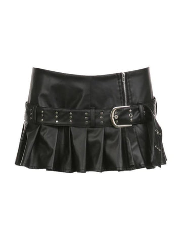 Sonicelife-Punk Rivet Belted Pleated Slit Leather Mini Skirt